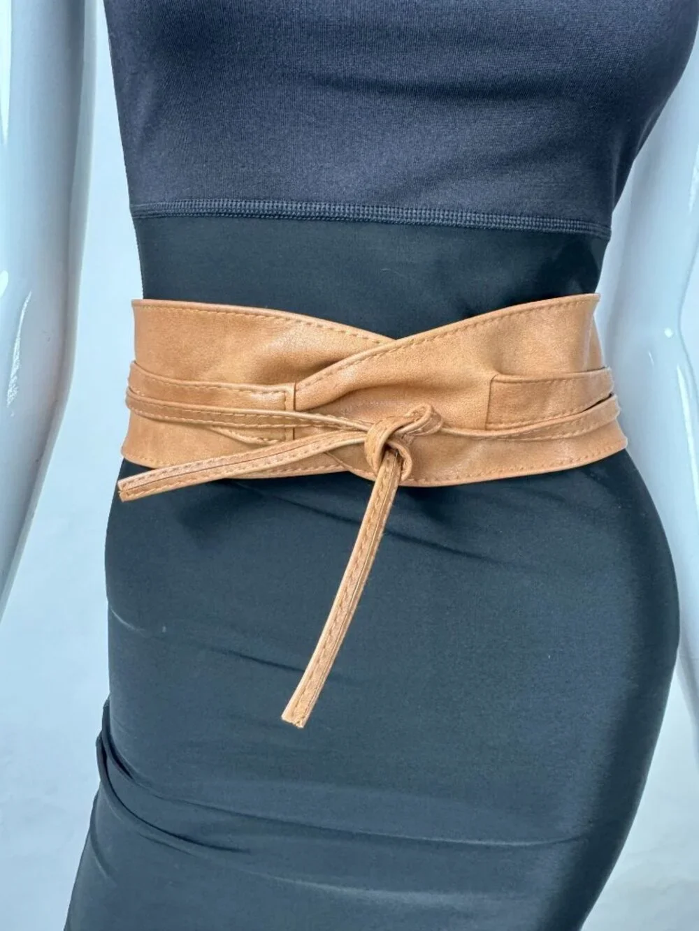 Fashiongen Camel Tan Wide Obi Belt S-M Polyurethane Adjustable Wrap Belt